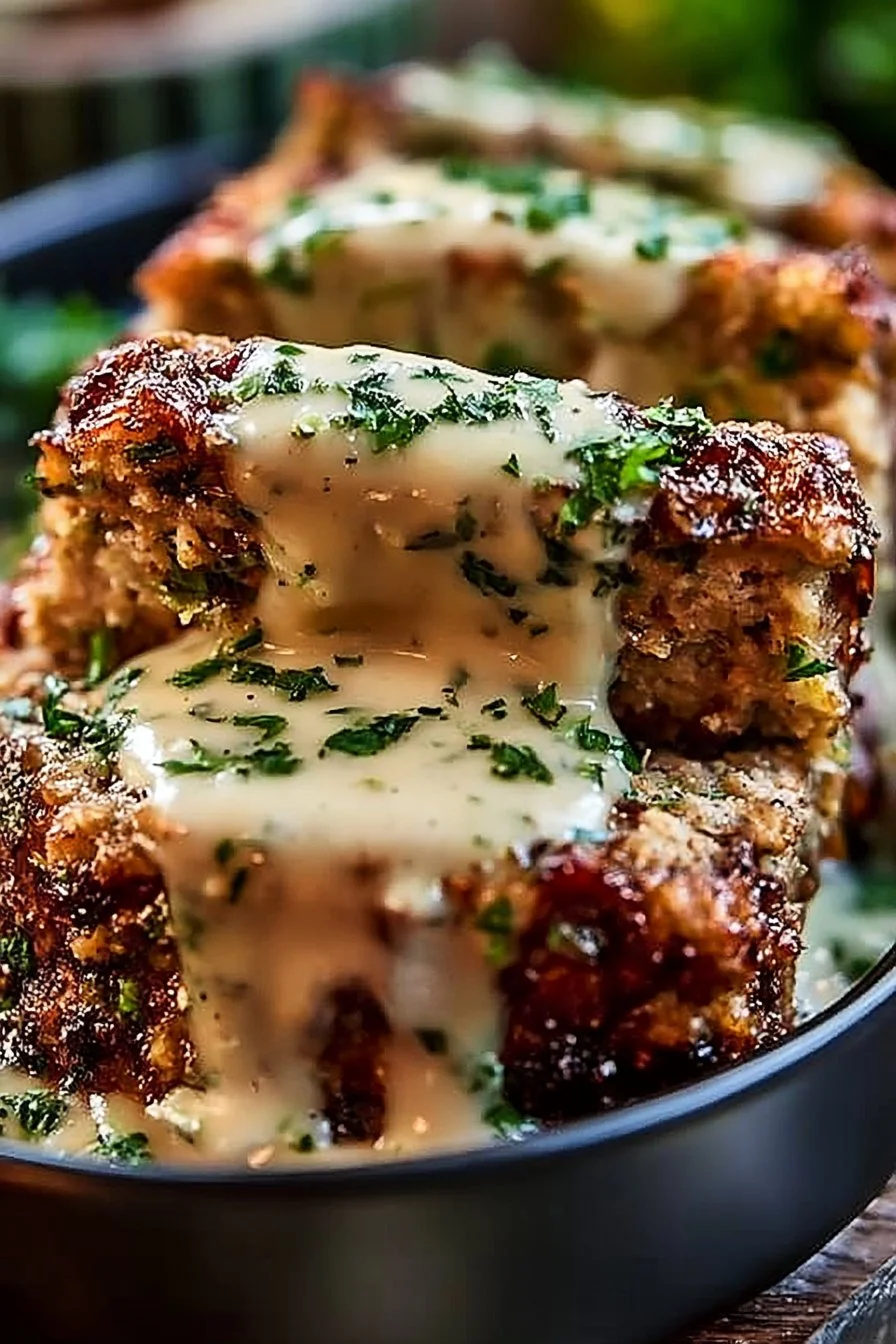 Sliced meatloaf garnished with garlic and parmesan cheese, served on a plate.