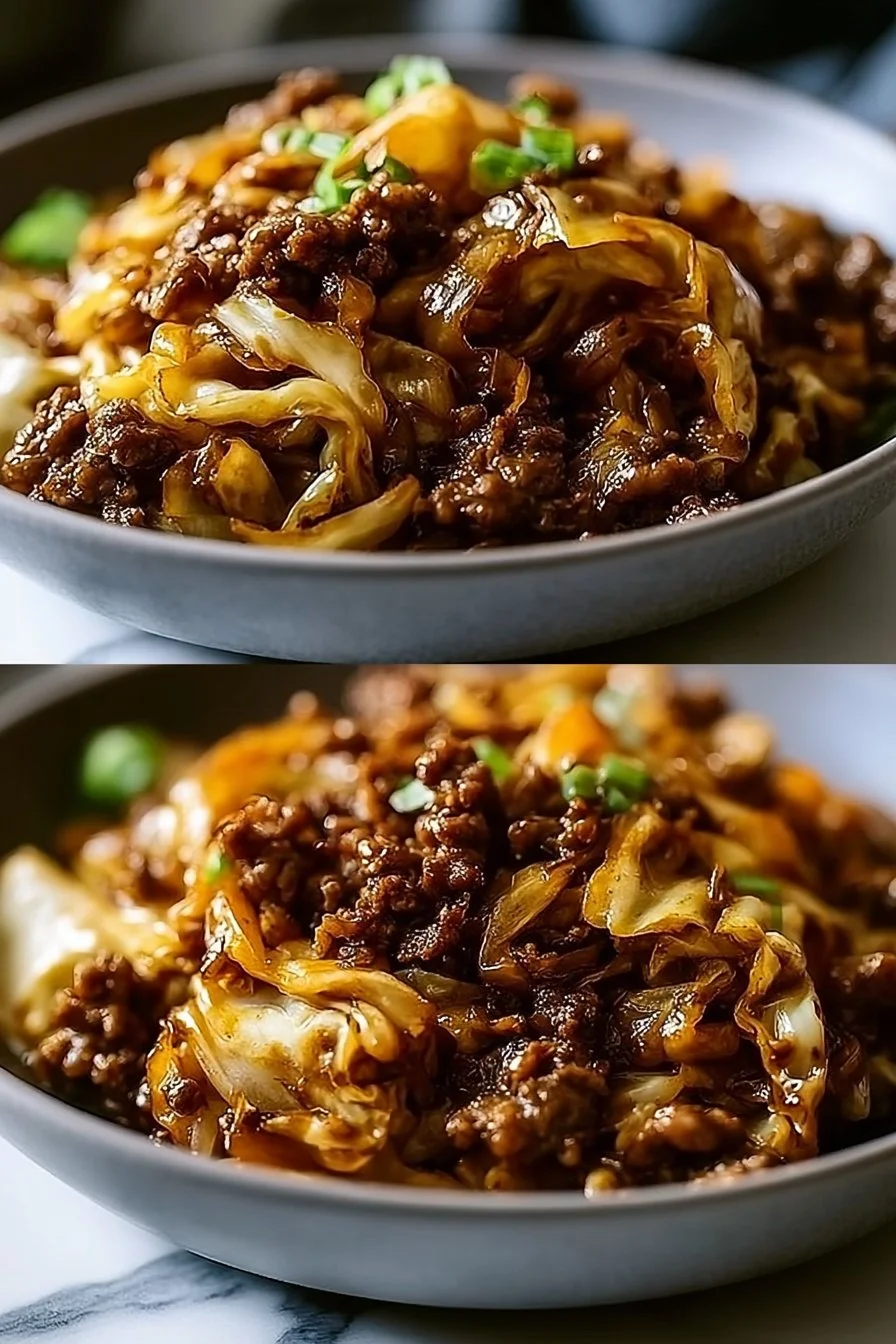 Plate of Mongolian Cabbage with Ground Beef garnished with fresh herbs