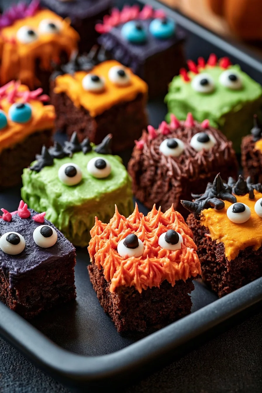 Fun and colorful monster themed brownies decorated with spooky eyes and sprinkles