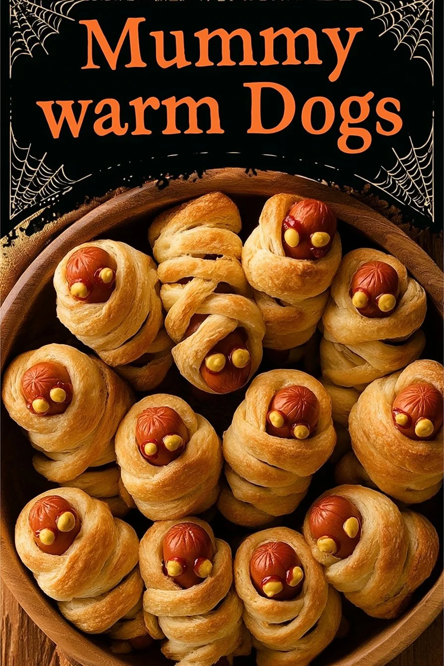 Mummy Hot Dogs wrapped in pastry for a spooky Halloween treat.