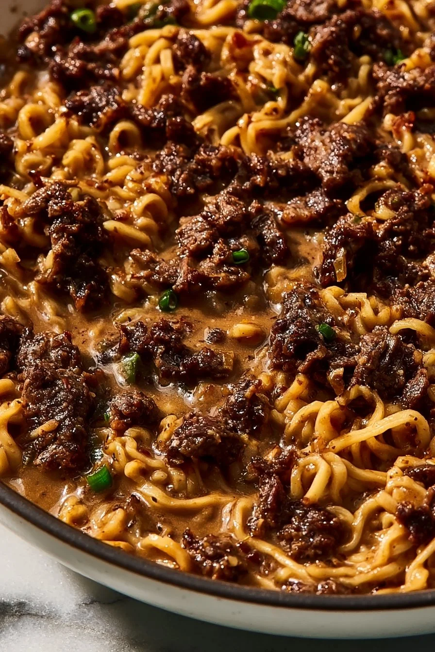 One Pan Beef Noodles served in a bowl with fresh vegetables and herbs
