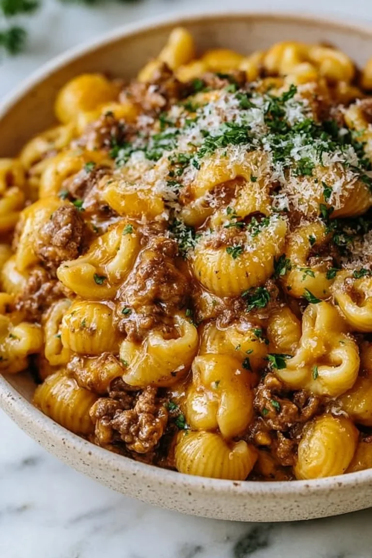 Delicious one pan cheeseburger macaroni recipe served in a bowl.