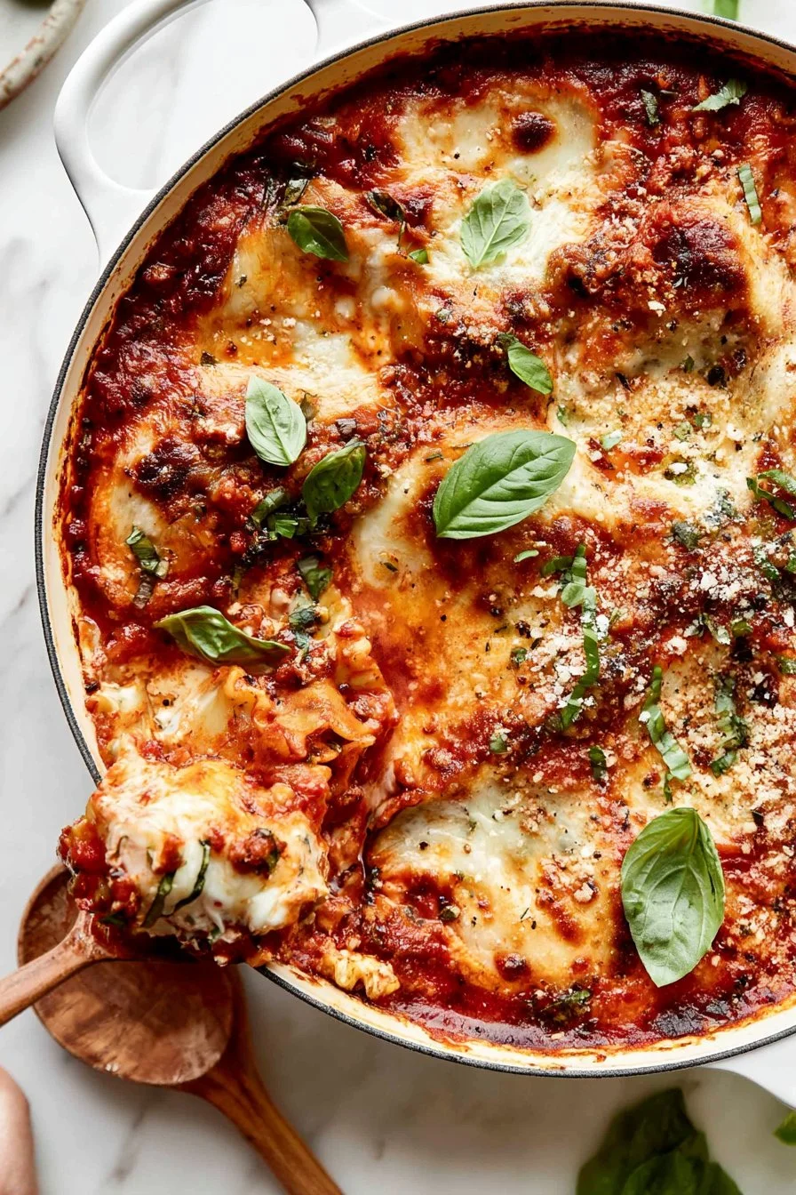 Delicious one pot zucchini lasagna topped with melted cheese and fresh herbs