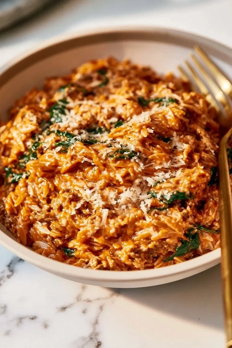 Delicious orzo with ground beef served in a bowl