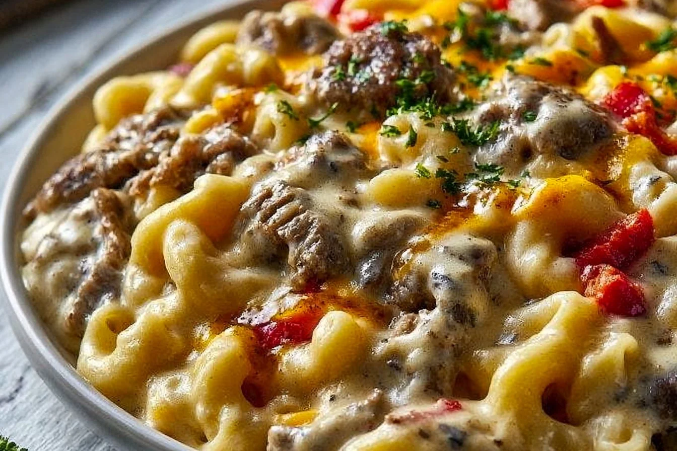 High-Protein Creamy Philly Cheesesteak Mac &amp; Cheese Bliss