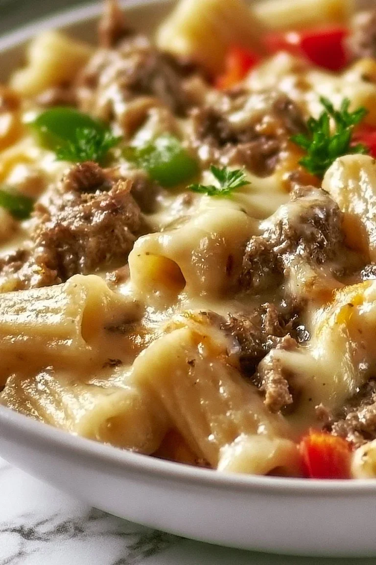 Philly Cheesesteak Pasta topped with cheese and peppers in a bowl.