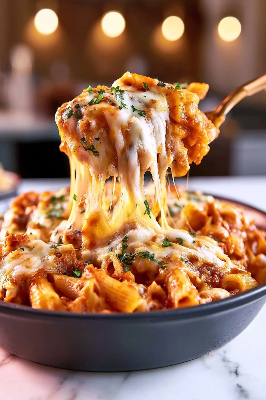Delicious Pizza Casserole topped with cheese and pepperoni in a baking dish