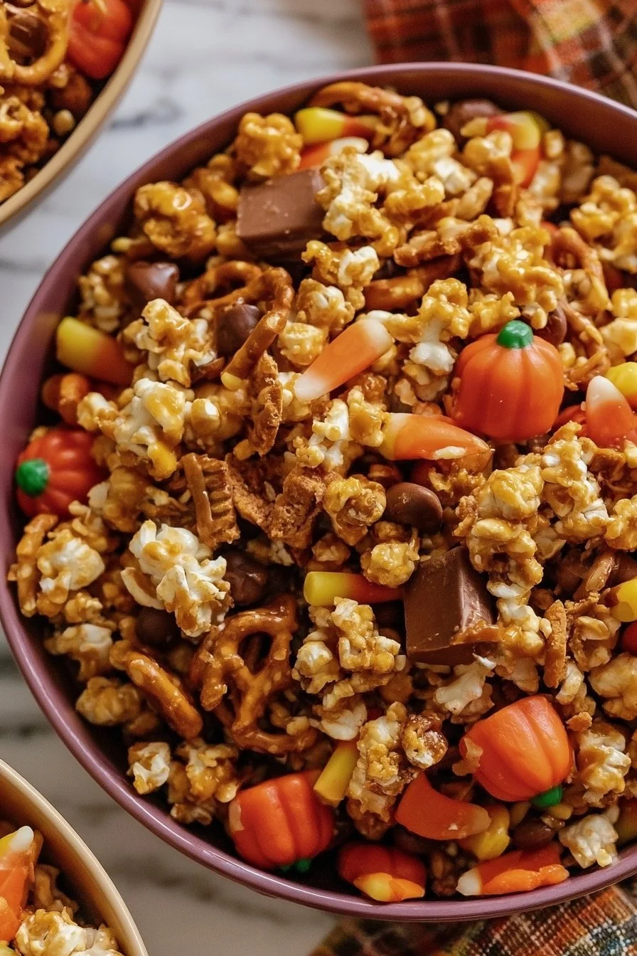 Delicious popcorn snack mix served in a bowl for fall harvest gatherings.