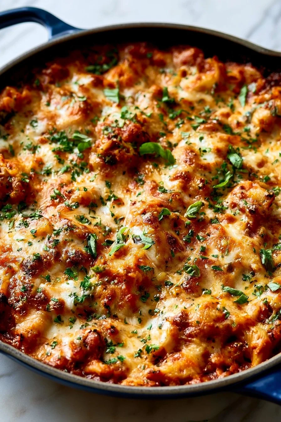 Delicious skillet lasagna cooked in a pan with layers of pasta, cheese, and sauce
