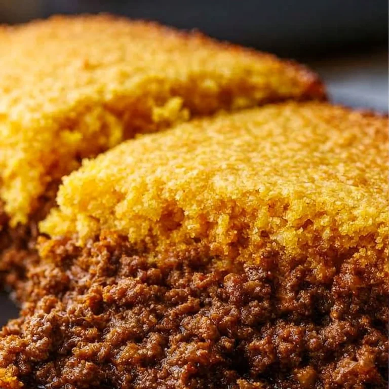 Delicious Sloppy Joe Casserole topped with cornbread in a baking dish