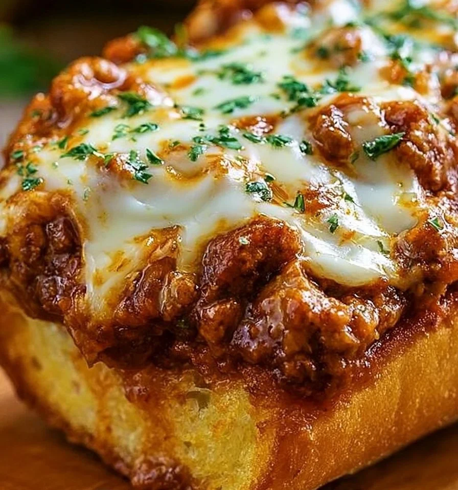 Delicious Sloppy Joe garlic bread topped with cheesy goodness