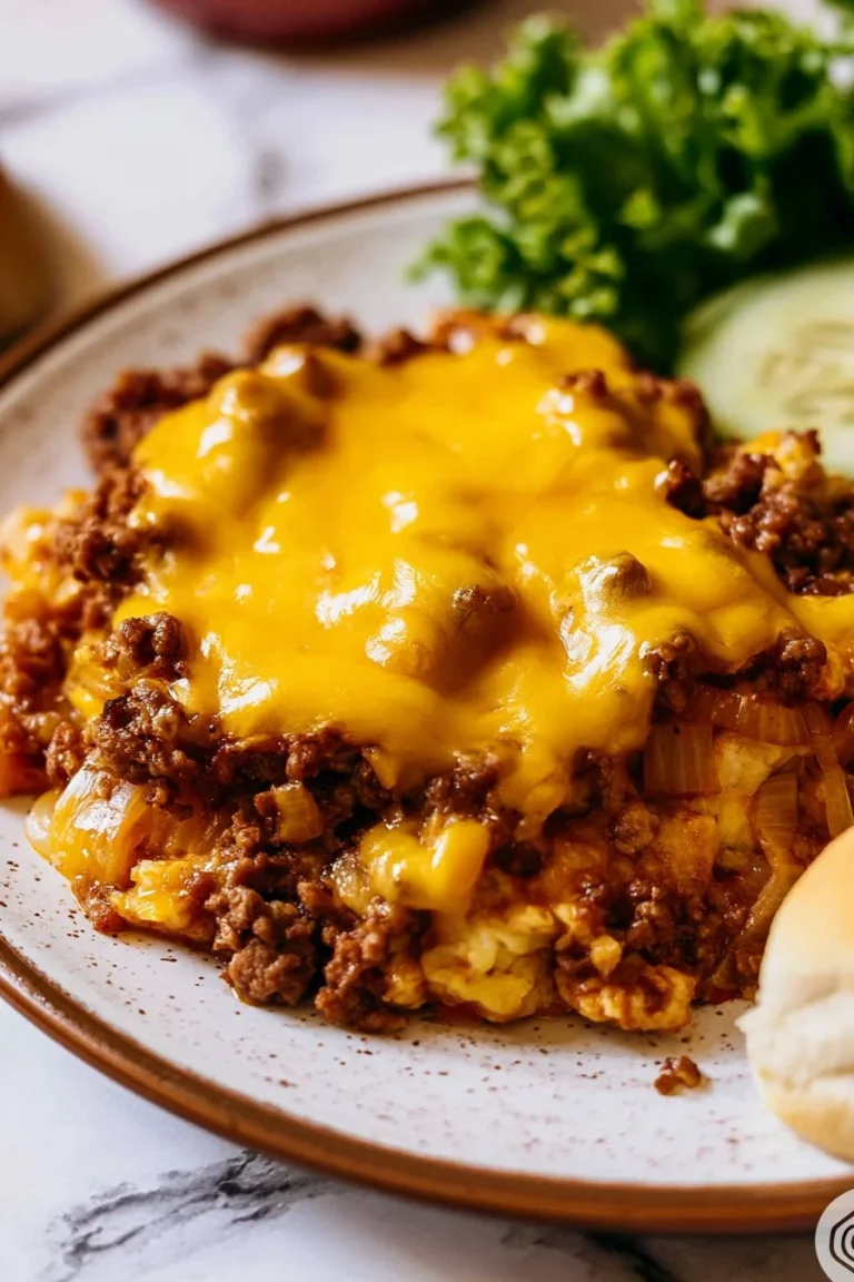 Delicious Sloppy Joe Hash Brown Casserole served in a baking dish.