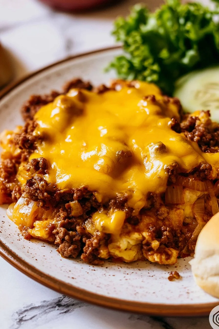 Delicious Sloppy Joe Hash Brown Casserole served in a baking dish.
