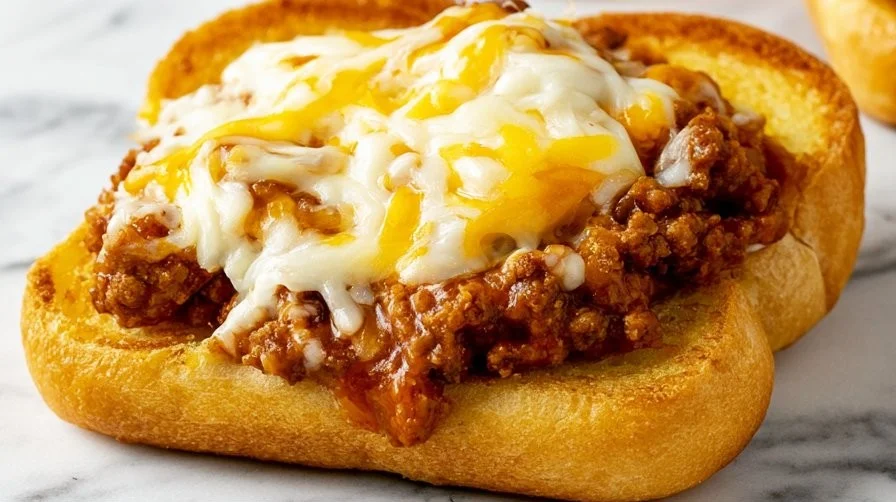 Sloppy Joes served with golden garlic bread on a plate