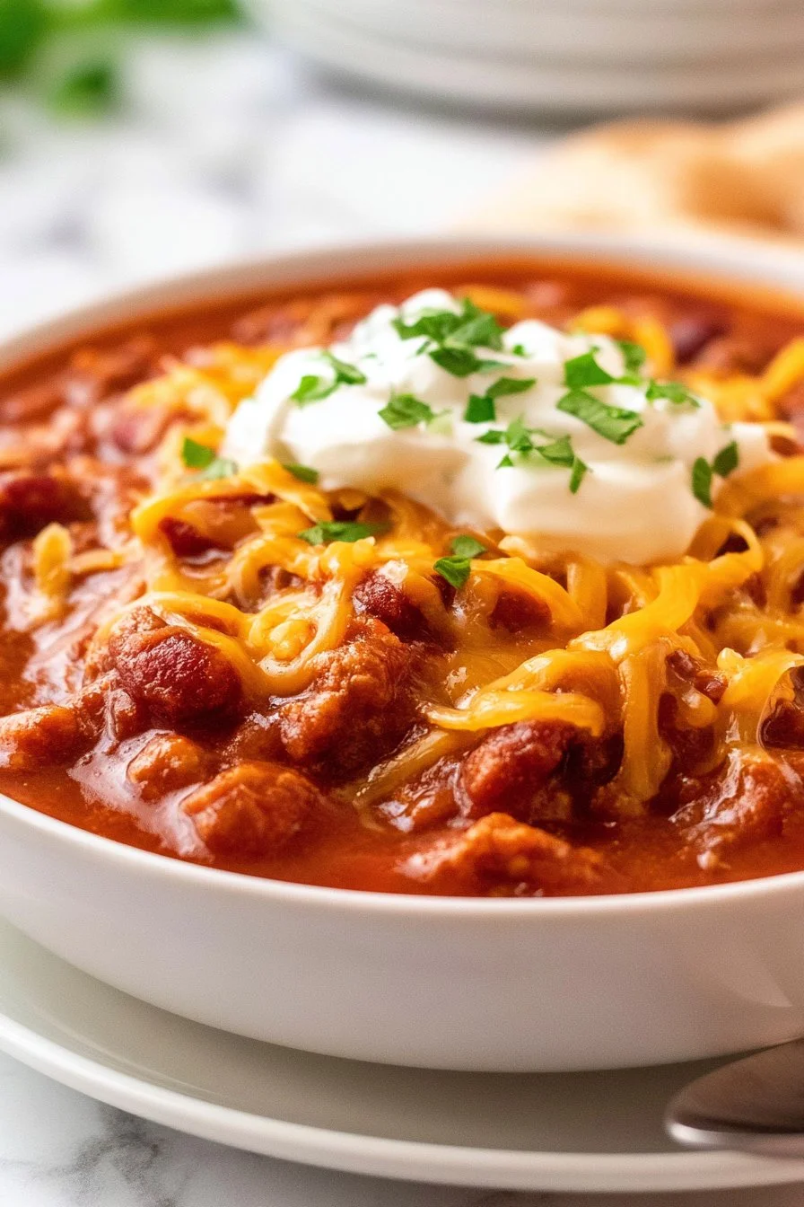 Delicious slow cooker beef chili with beans and spices served in a bowl