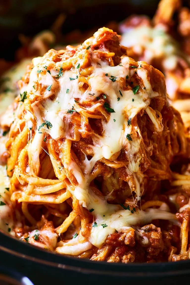 Delicious bowl of slow cooker spaghetti topped with fresh herbs
