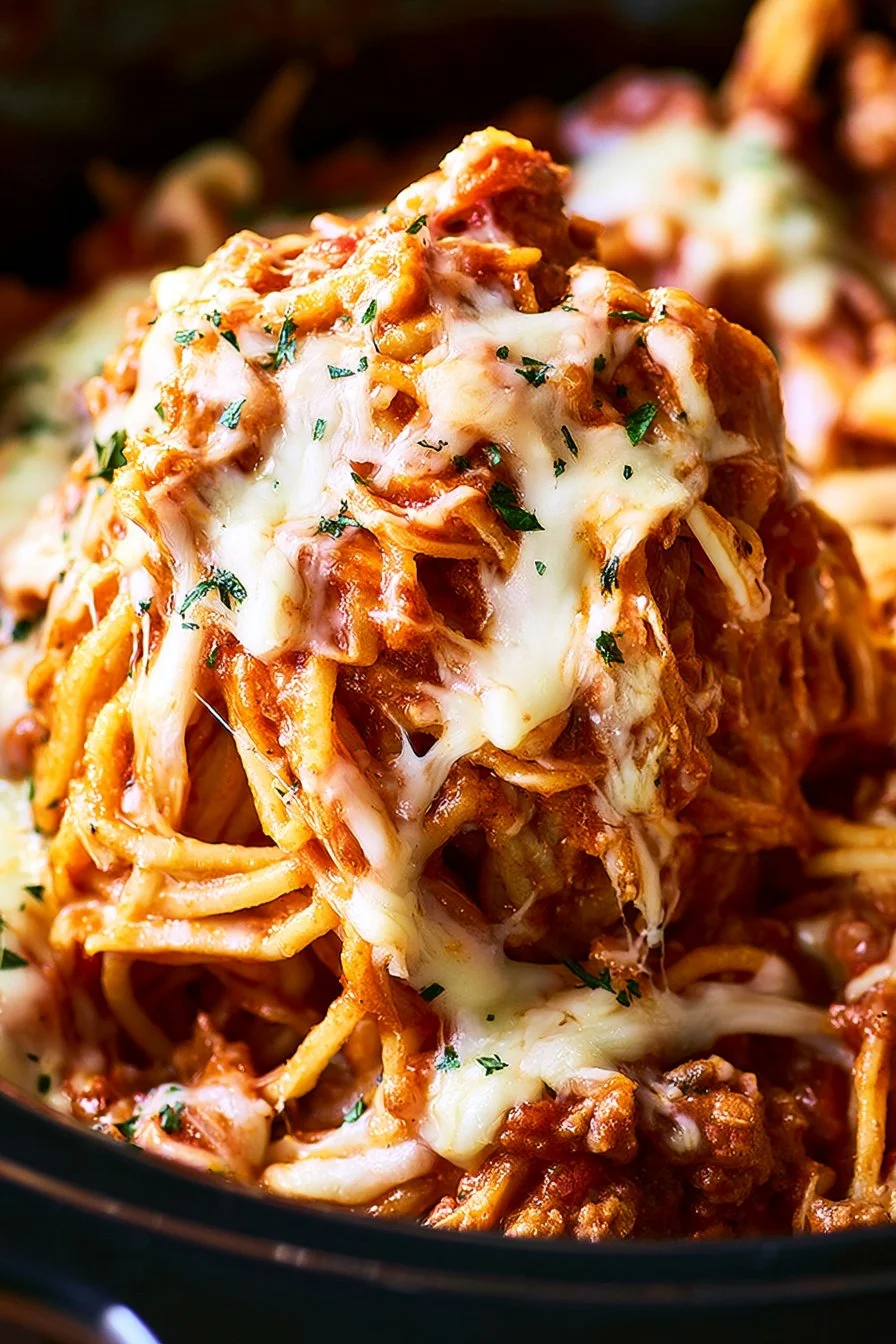 Delicious bowl of slow cooker spaghetti topped with fresh herbs