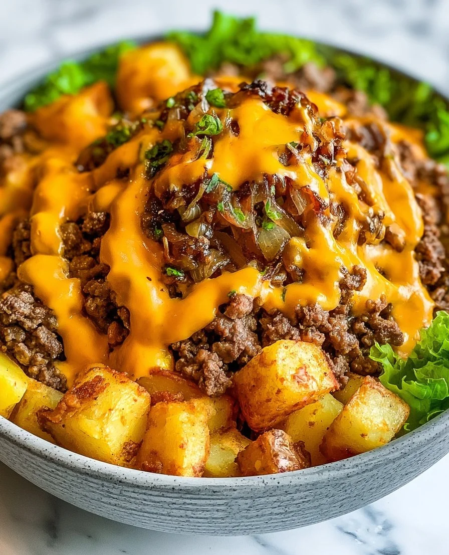 Delicious Smash Burger Bowl featuring seasoned beef and fresh toppings