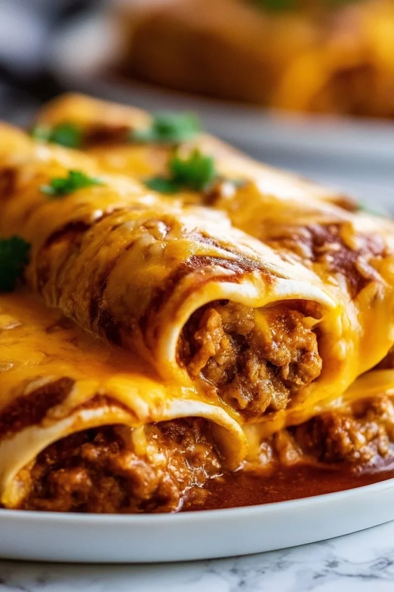 Delicious smothered ground beef burritos topped with savory sauce.