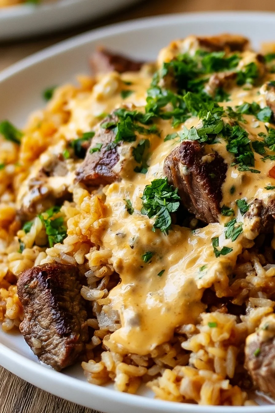Delicious Steak Queso Rice served in a bowl, garnished with fresh herbs.