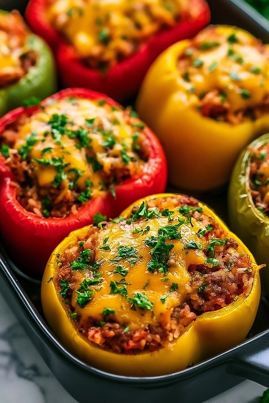 Colorful stuffed peppers filled with rice, vegetables, and spices, ready to be served.