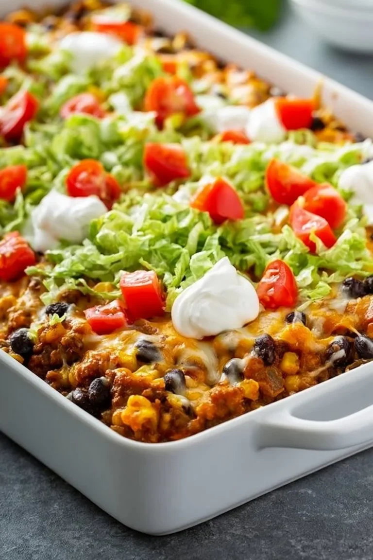 Baked Taco Casserole topped with cheese and fresh toppings