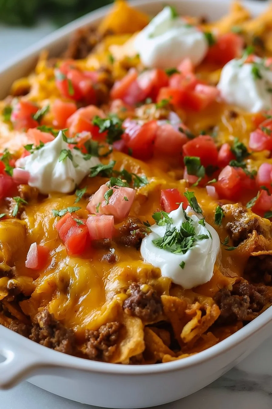 Cheesy taco casserole baked with ground beef, beans, and cheese