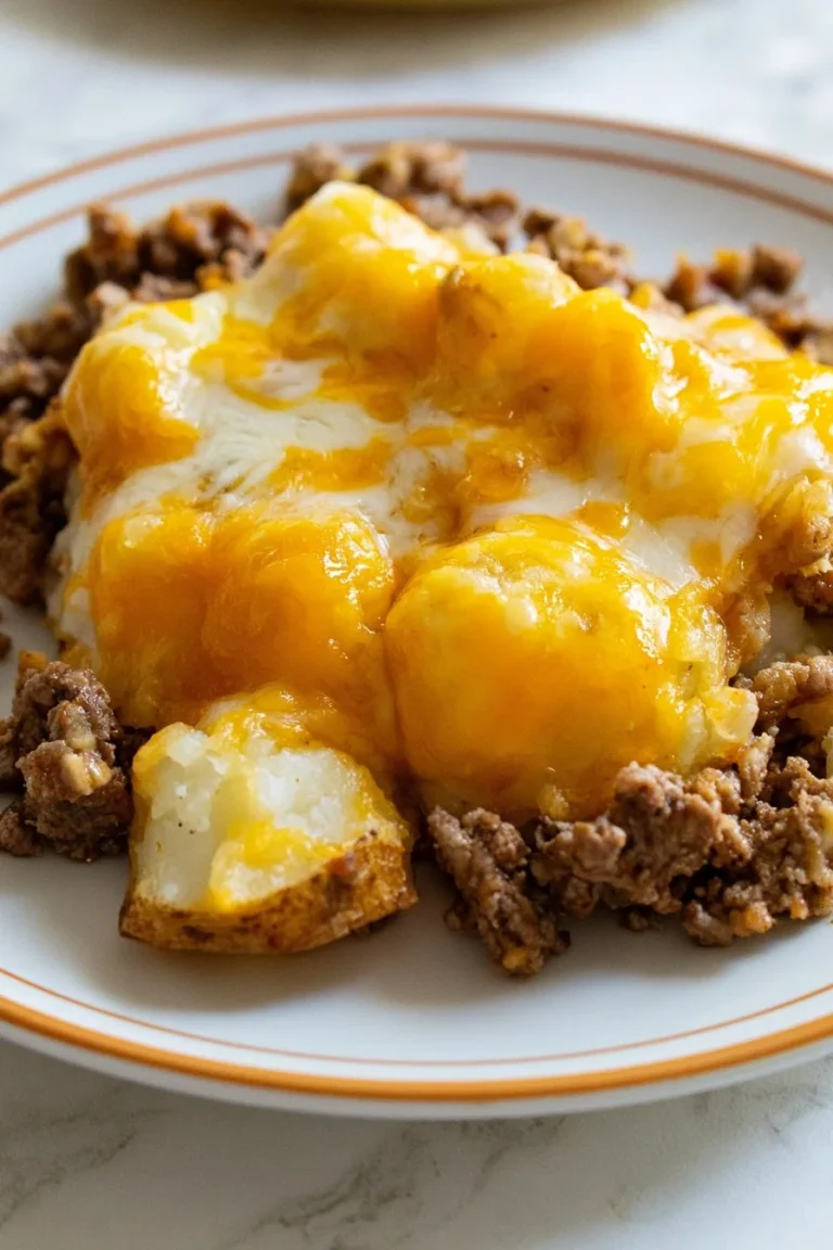 Delicious Tater Tot Bake topped with cheese and vegetables