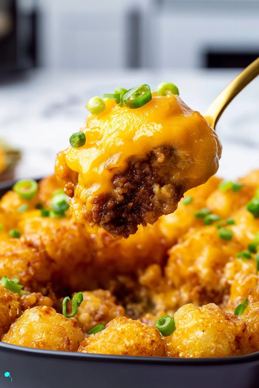 Tater tot casserole chili cheese topped with melted cheese and chili