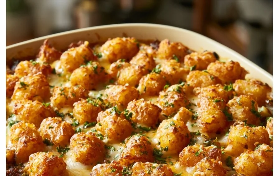 Delicious Tater Tot Casserole baked to perfection with golden toppings.