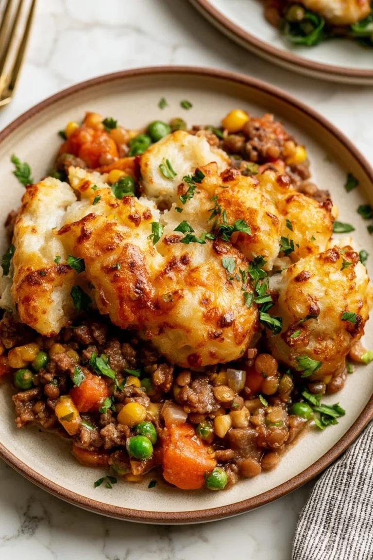 Tater Tot Casserole with Beef and Lentils served in a casserole dish