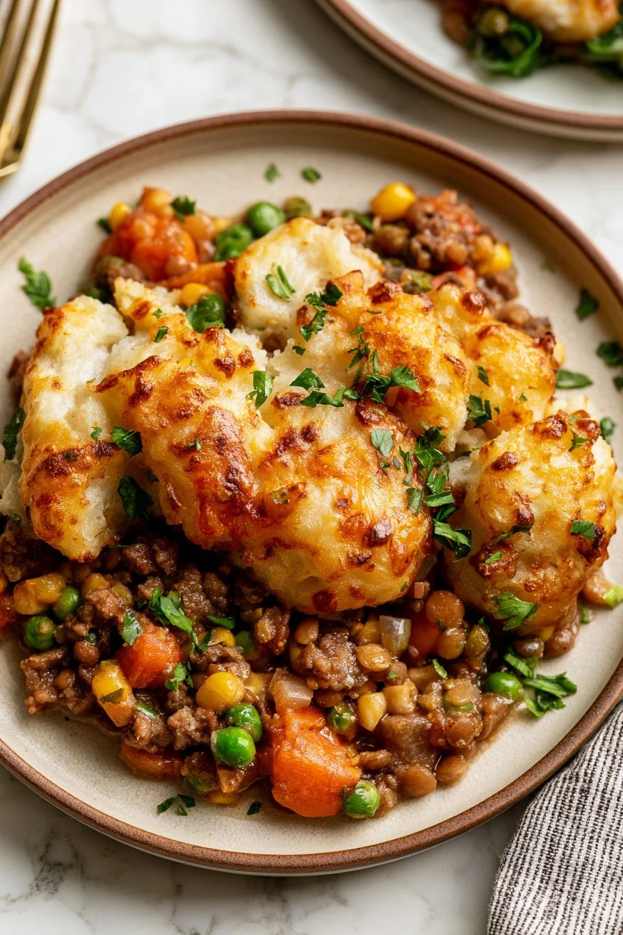 Tater Tot Casserole with Beef and Lentils served in a casserole dish