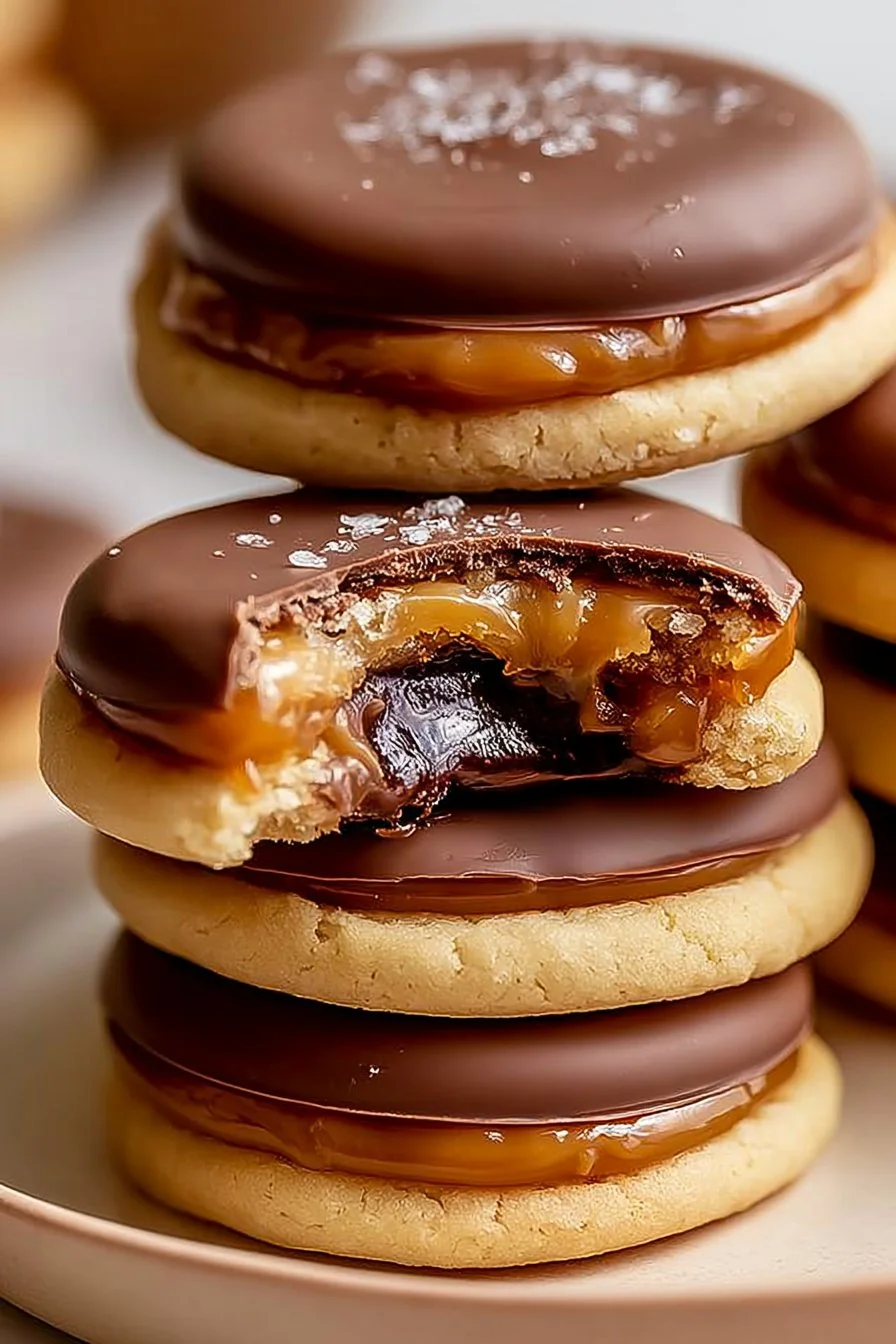 Delicious homemade Twix cookies topped with chocolate and caramel.